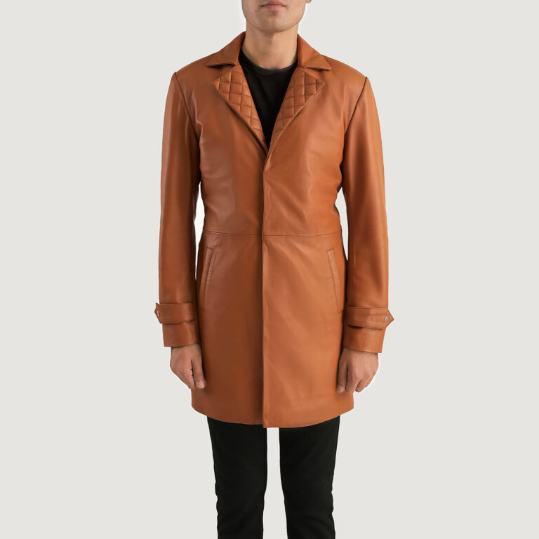 Mens Infinity Tan Brown Leather Coat Close Front-5-1701087681601